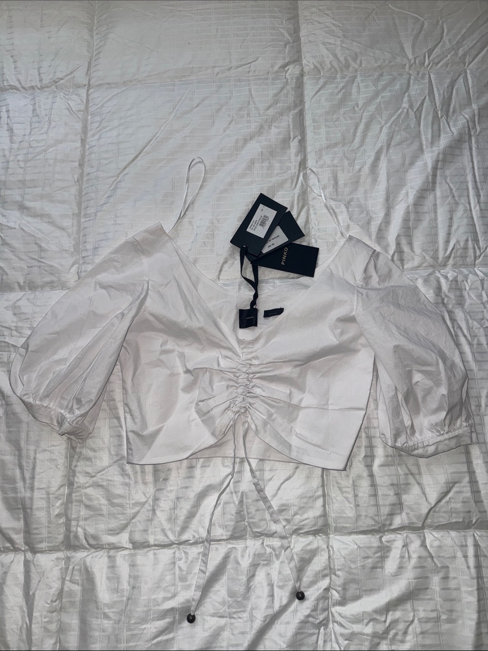 Pinko White Ruched Front Puff Sleeve Crop Top